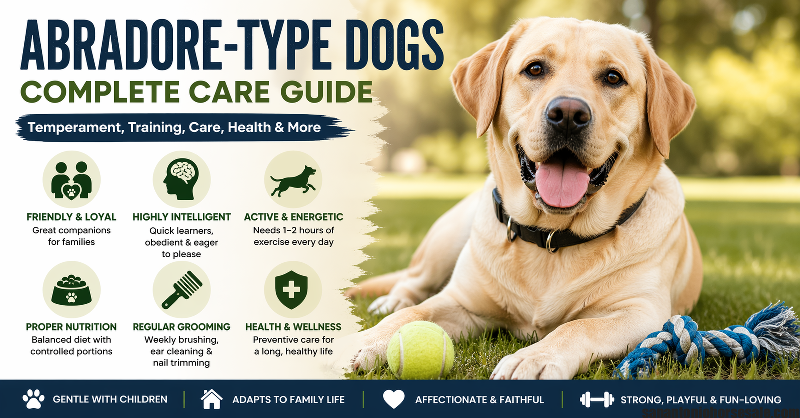 Abradore-type Labrador dog care guide infographic showing temperament, training, diet, grooming and health tips