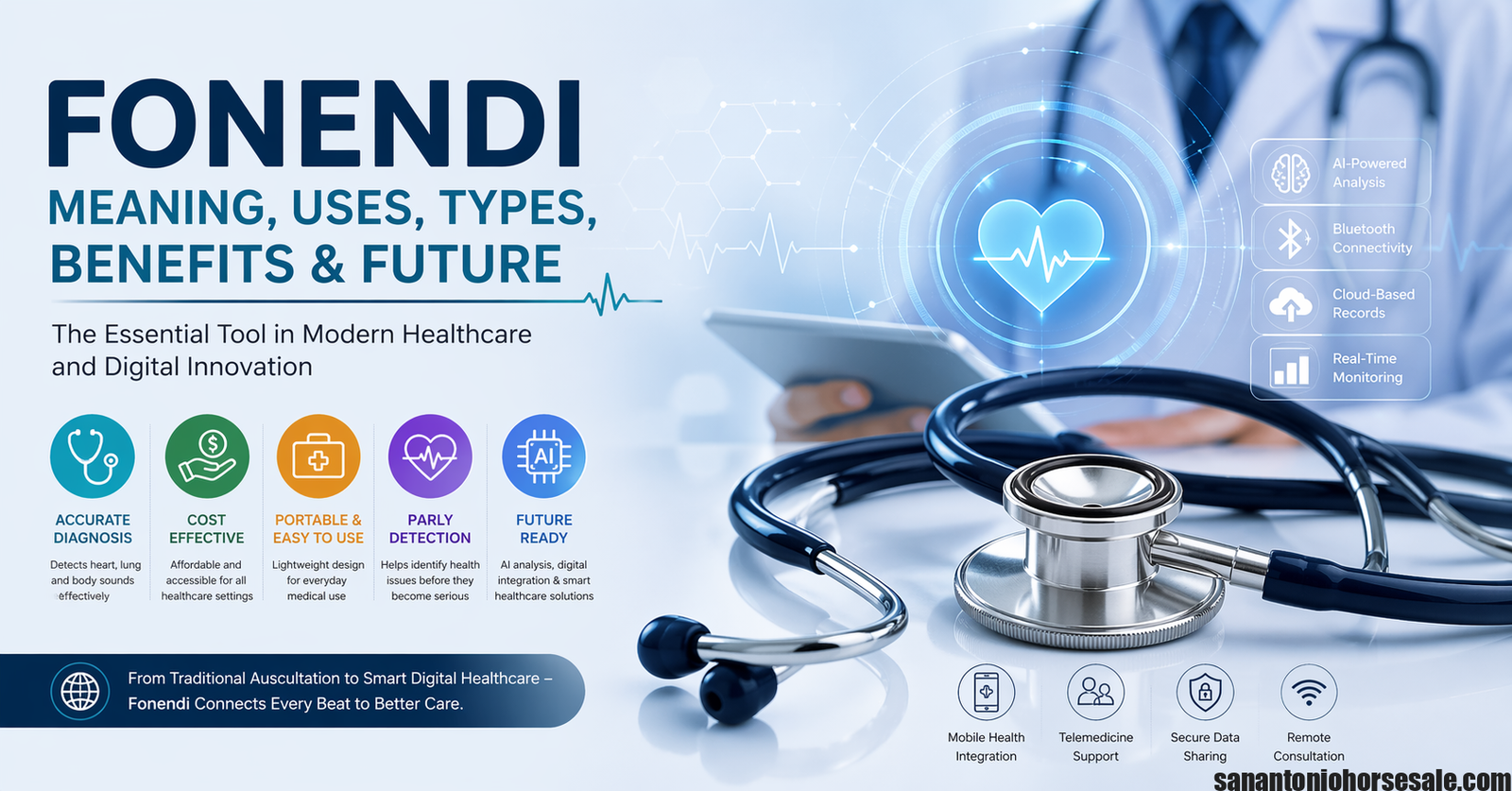 Modern infographic showing Fonendi as a medical stethoscope and digital healthcare technology used for diagnosis and patient monitoring