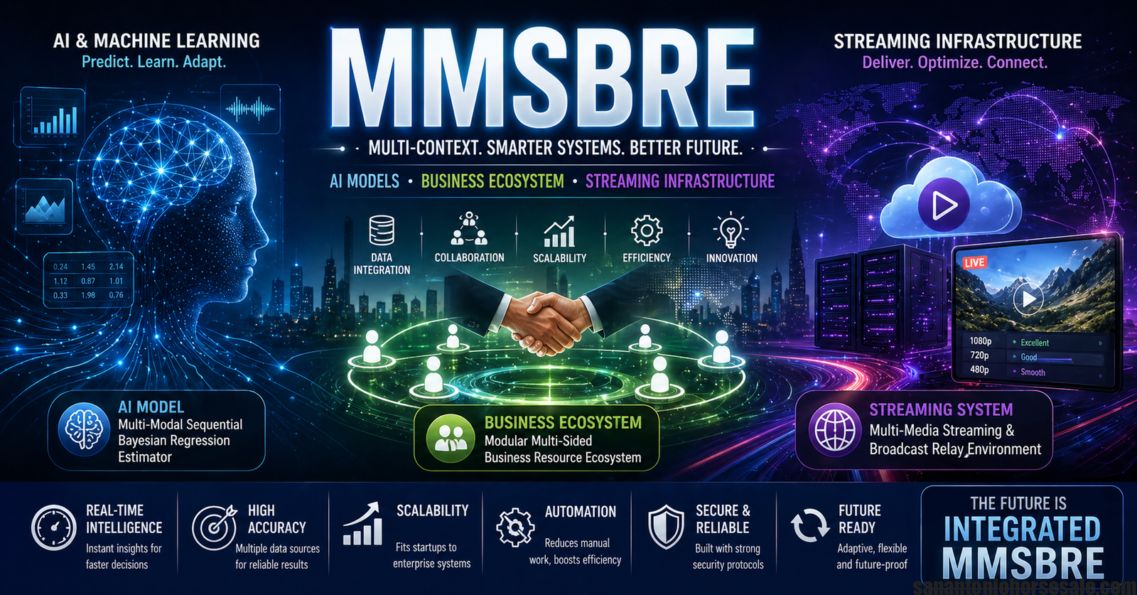 Visual representation of MMSBRE showing AI data processing, business ecosystem connections, and digital streaming infrastructure