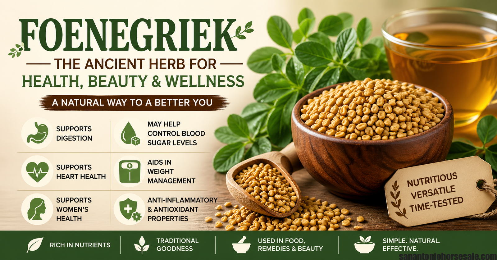 Foenegriek fenugreek seeds, leaves, and herbal tea showing natural health benefits and nutritional uses of the herb