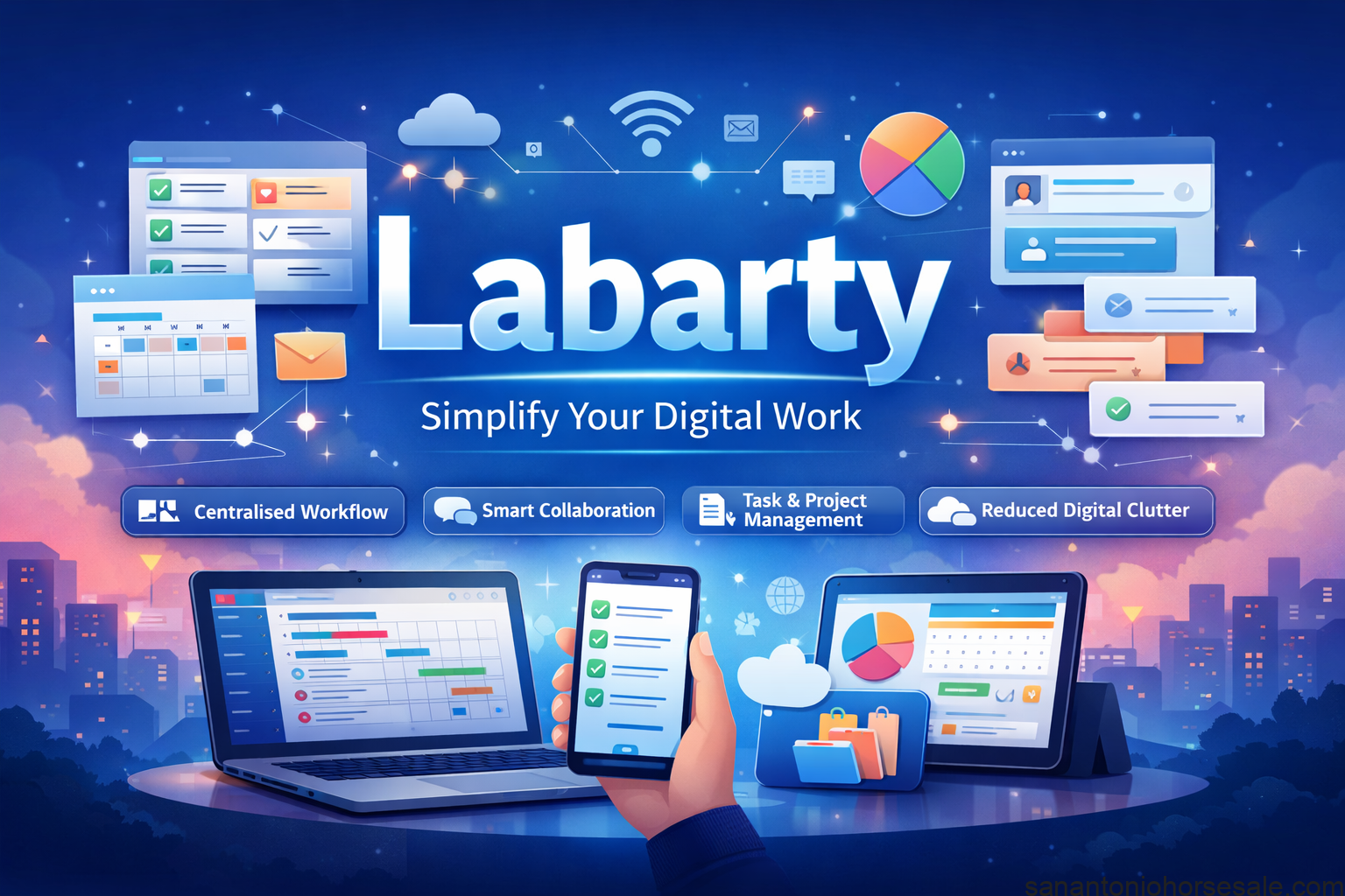 Labarty productivity platform dashboard showing digital workflow, task management, and collaboration tools on multiple devices