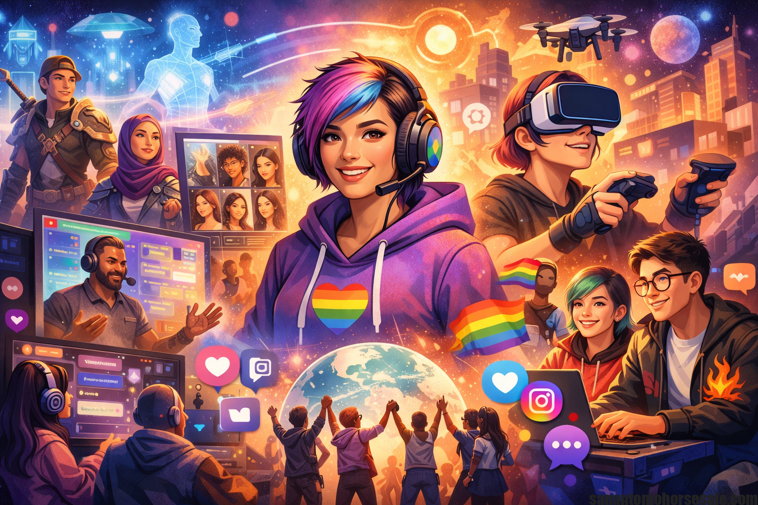 A vibrant illustration showing diverse gamers connected through inclusive digital gaming culture with futuristic and social elements.