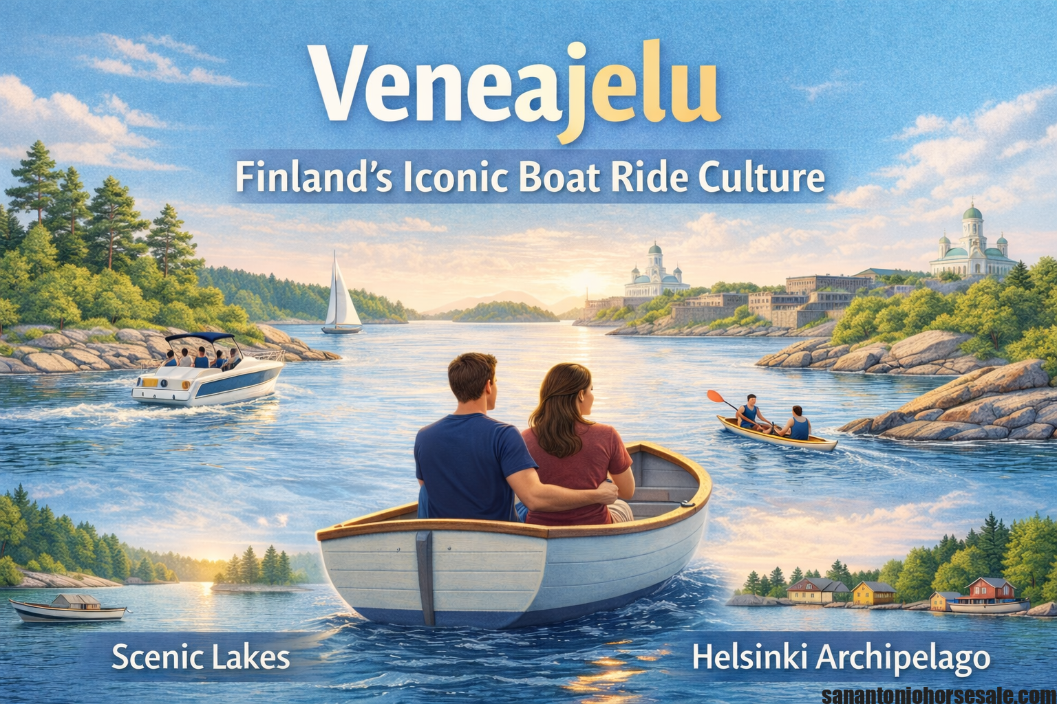 Veneajelu boat ride in Finland showing scenic lakes, archipelago islands, and relaxing summer boating experience
