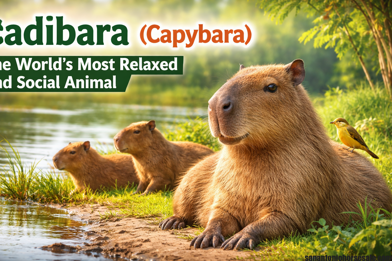 Capybara (Cadibara) relaxing by a riverside with other capybaras and a bird, showing its calm and social nature