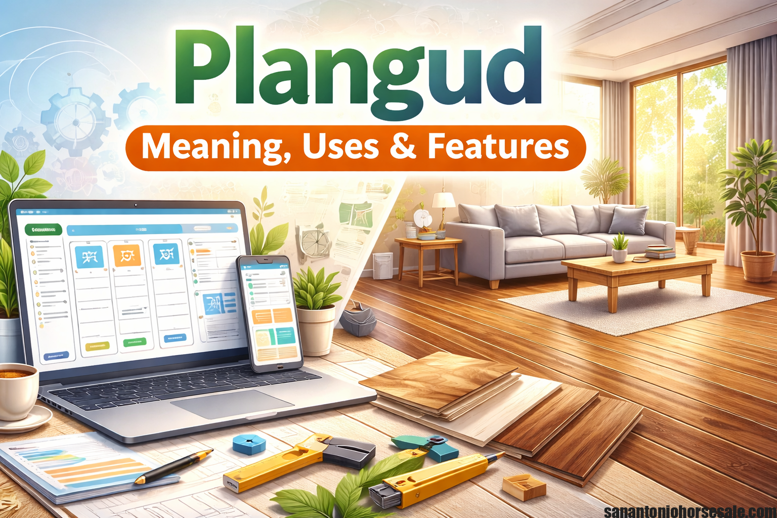 Plangud concept showing productivity planning system alongside modern wooden flooring design in a clean structured layout