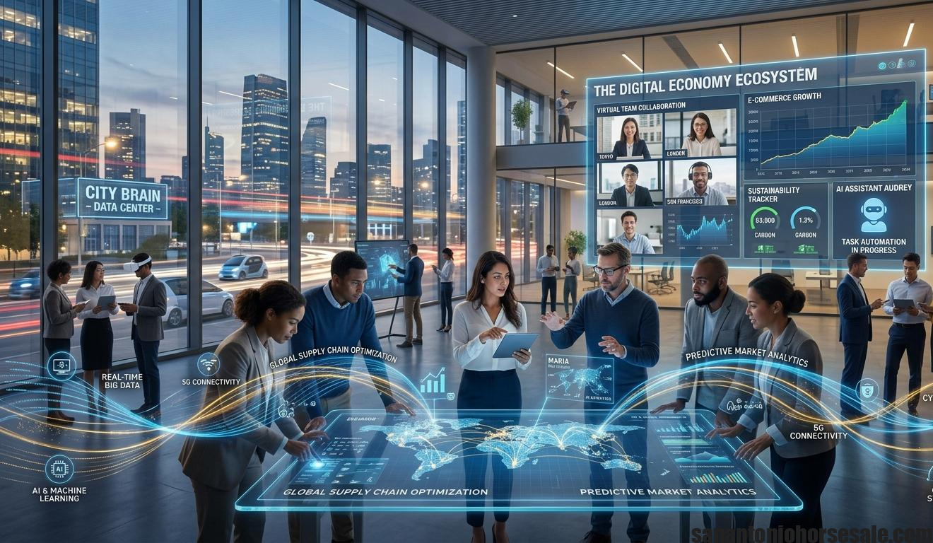 Futuristic digital business framework showing modular systems, automation, and AI-driven connectivity across industries like e-commerce, healthcare, finance, and education.