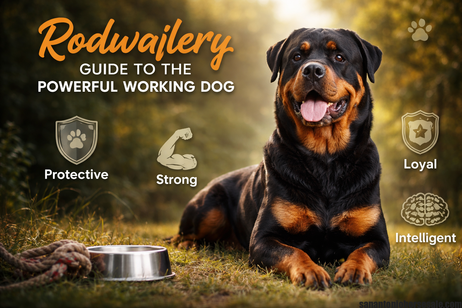 A strong and loyal Rodwajlery (Rottweiler) resting outdoors, showcasing its muscular build, black and tan coat, and protective yet calm expression.