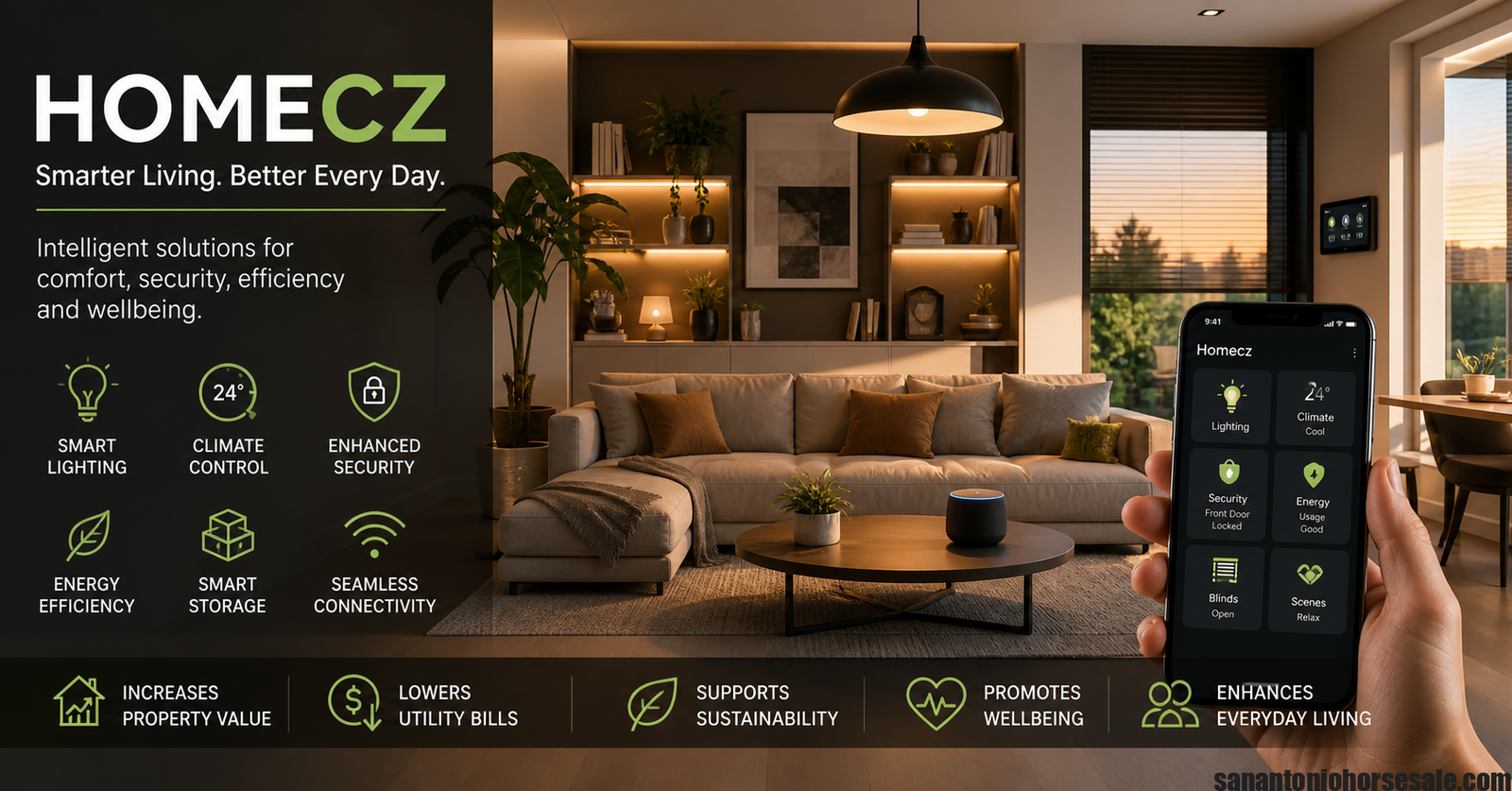 Modern smart Homecz home interior showcasing smart lighting, automation, and comfortable living space with mobile control interface