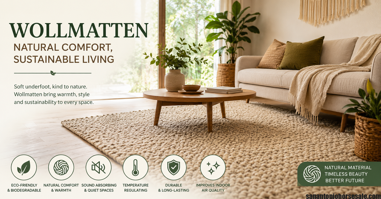 Cozy modern living room featuring eco-friendly Wollmatten wool rug with natural décor, highlighting comfort, warmth, and sustainable interior design.
